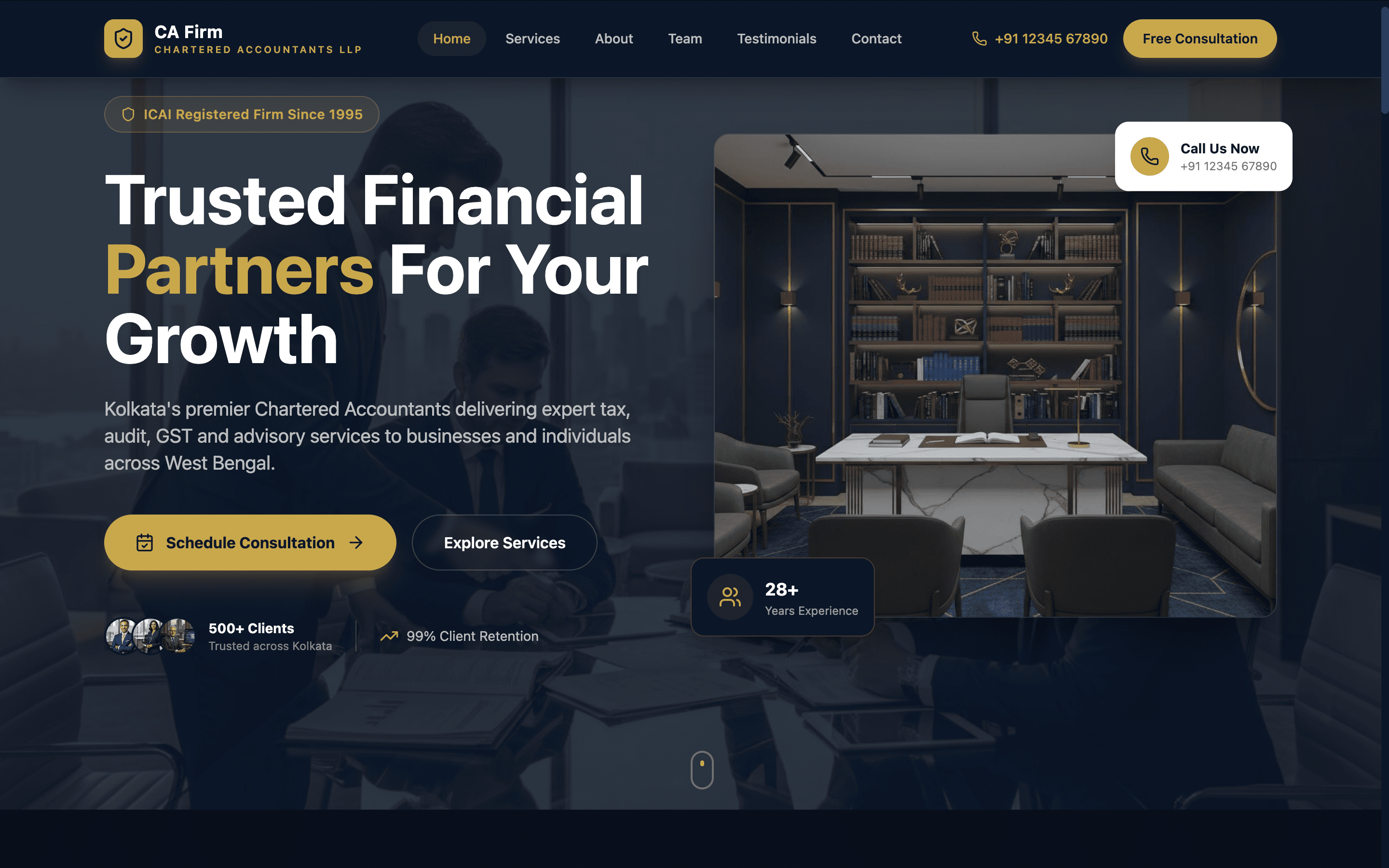 Homepage screenshot of the CA Firm chartered accountant demo website