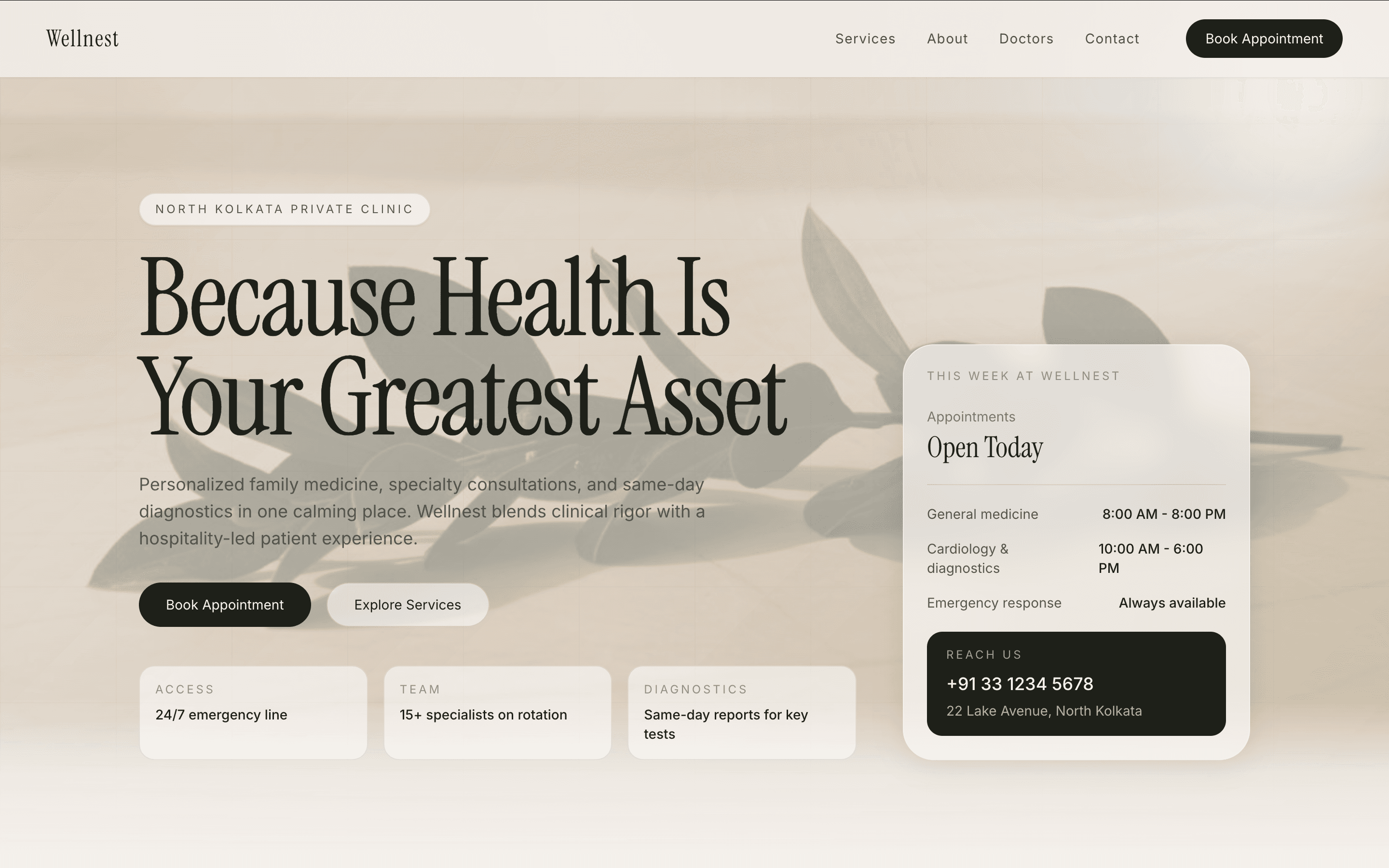Homepage screenshot of the Wellnest clinic and doctor demo website